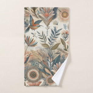 Bohemian mix of teal, magenta,purple flowers bath towel set