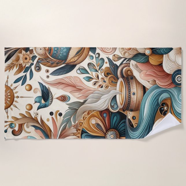 Bohemian mix of teal, magenta,purple flowers beach towel (Front)