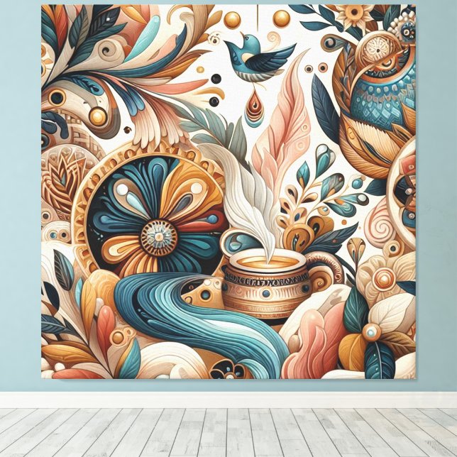 Bohemian mix of teal, magenta,purple flowers canvas print (Insitu(Wood Floor))