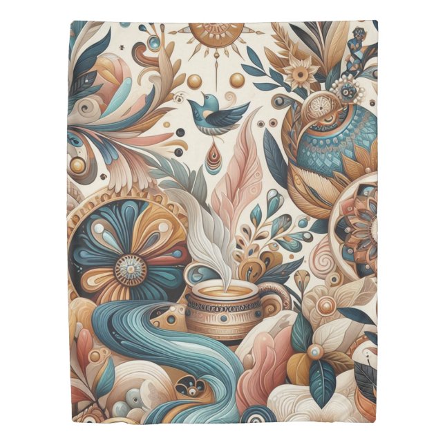 Bohemian mix of teal, magenta,purple flowers duvet cover (Front)