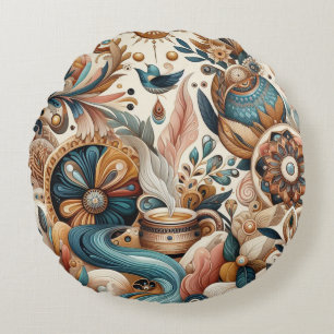 Bohemian mix of teal, magenta,purple flowers round pillow