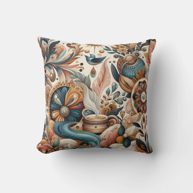 Bohemian mix of teal, magenta,purple flowers throw pillow (Front)