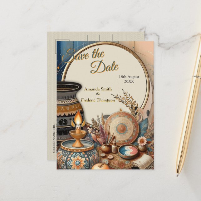 Bohemian mix of teal, magenta, purple on creams announcement postcard (Front/Back In Situ)