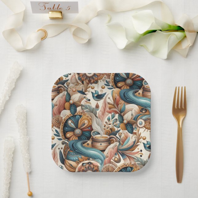 Bohemian mix of teal, magenta, purple on creams paper plates (Wedding)