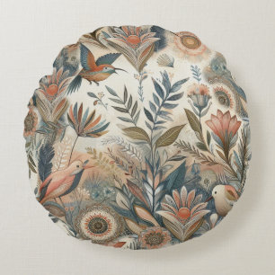 Bohemian mix of teal, magenta, purple on creams round pillow