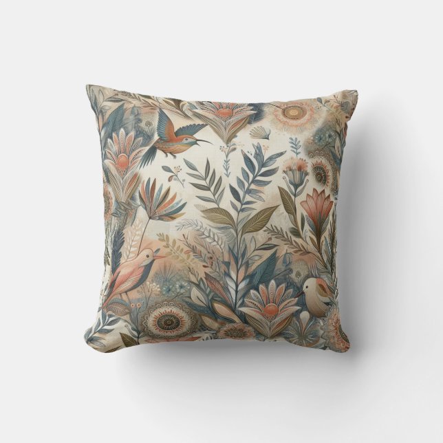 Bohemian mix of teal, magenta, purple on creams throw pillow (Front)