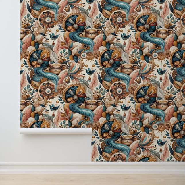 Bohemian mix of teal, magenta, purple on creams wallpaper  (Application)