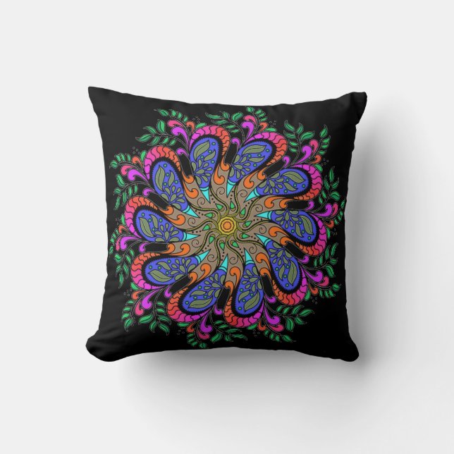 Bohemian Mod Floral Mandala on Black Throw Pillow (Front)