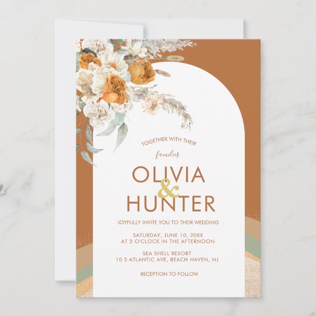 Bohemian Modern Terracotta Floral Wedding  Invitation (Front)