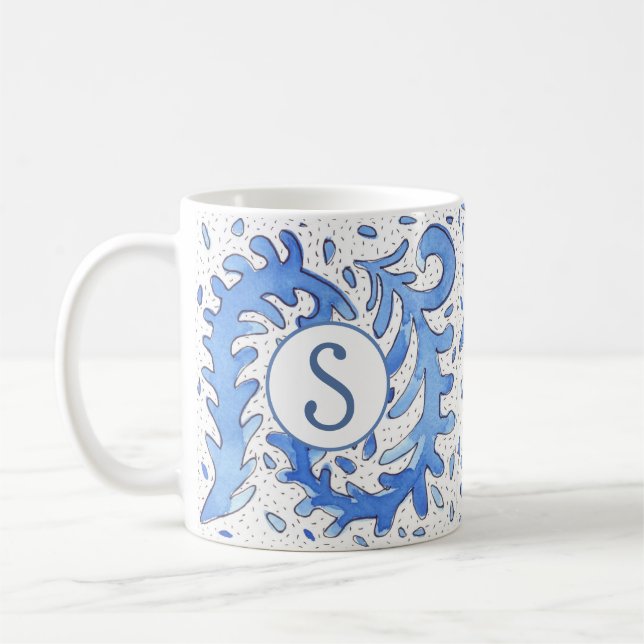 Bohemian Monogrammed Blue & White Personalized Mug (Left)
