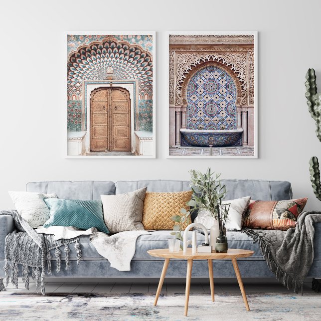 Bohemian Moroccan Travel Print Set of 2 (Bohemian Moroccan Travel Print Set of 2 in boho eclectic living room)