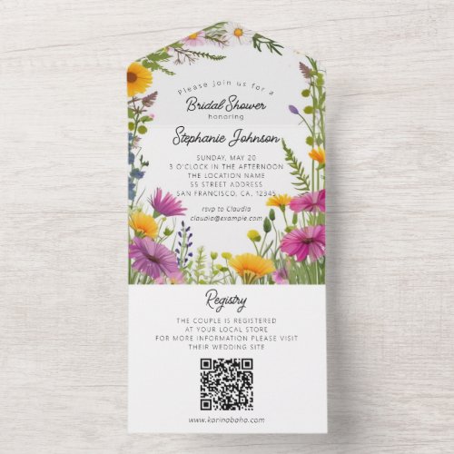 Bohemian Multicolored Wild Flowers Bridal Shower All In One Invitation