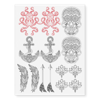 Bohemian Nautical Zen Feather Arrow Lotus Set Temporary Tattoos