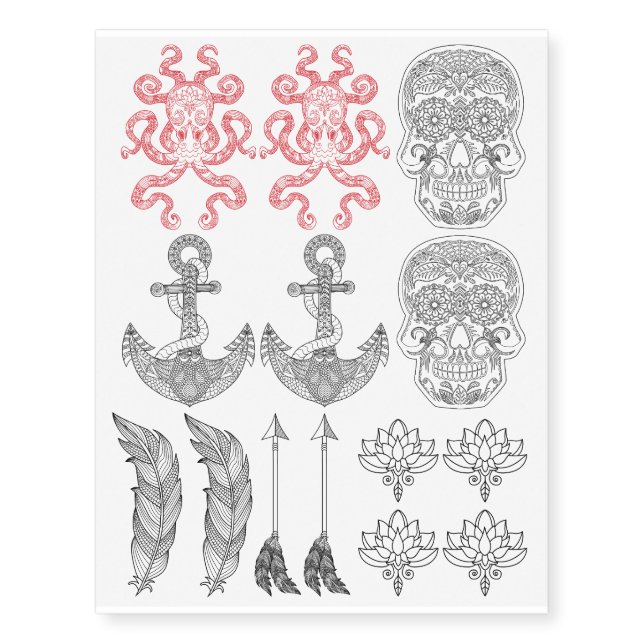 Bohemian Nautical Zen Feather Arrow Lotus Set Temporary Tattoos (Front)