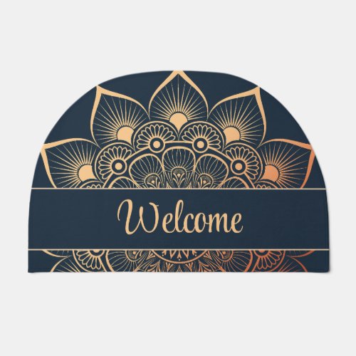 Bohemian Navy Blue and Peach Mandala Custom Text Doormat