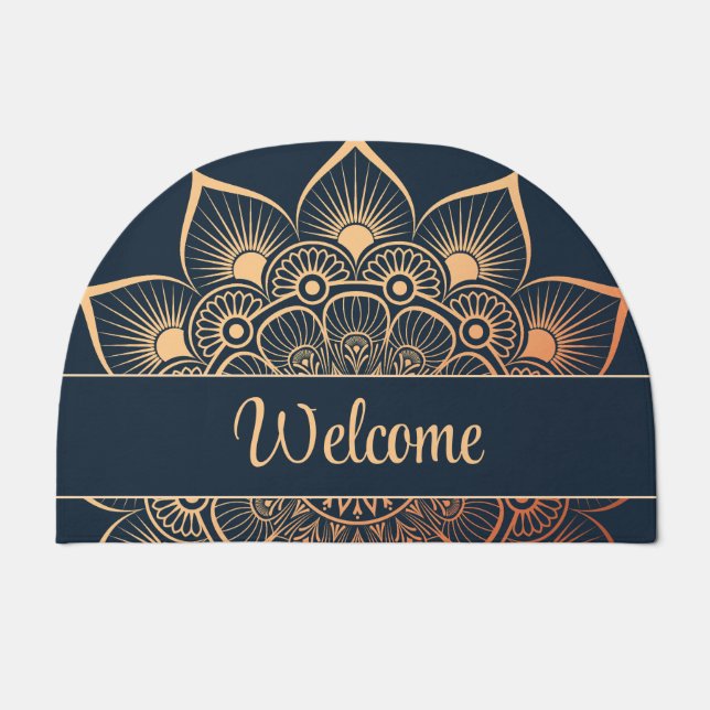Bohemian Navy Blue and Peach Mandala Custom Text Doormat (Front)
