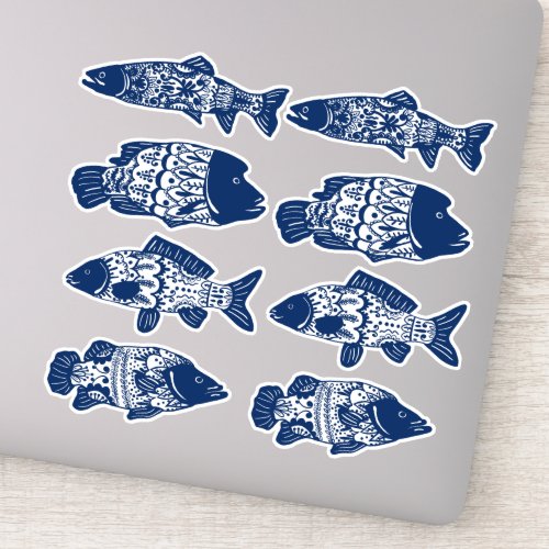 Bohemian Navy Blue Floral Patterned Fish Sticker