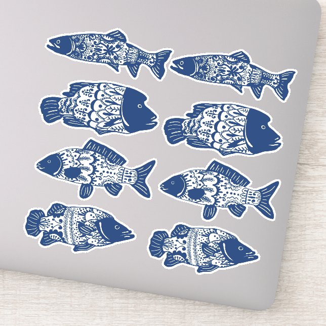 Bohemian Navy Blue Floral Patterned Fish Sticker (Detail)