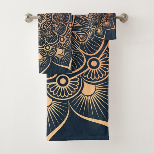 Bohemian Navy Blue Peach Mandala Bath Towel Set