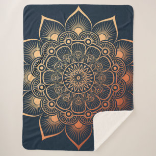 Bohemian Navy Blue Peach Mandala Sherpa Blanket