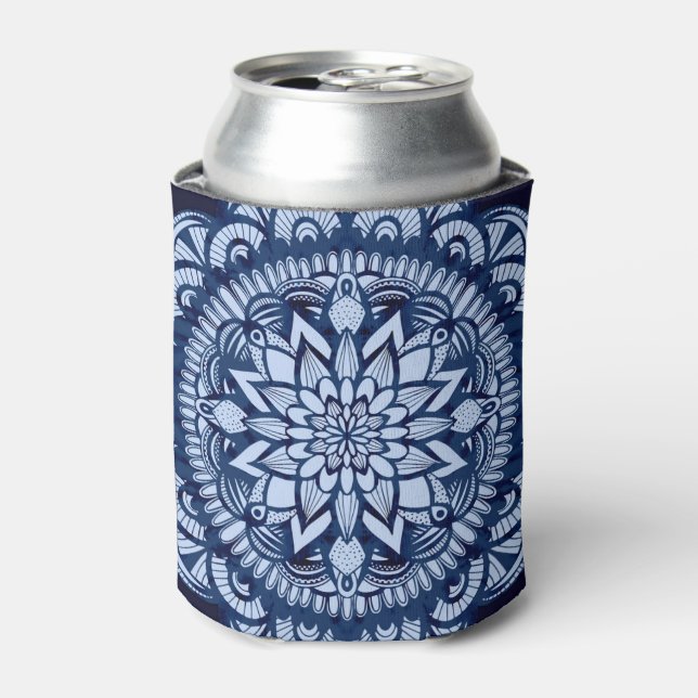 Bohemian Navy Blue Tie Dye Mandala Can Cooler (Can Front)