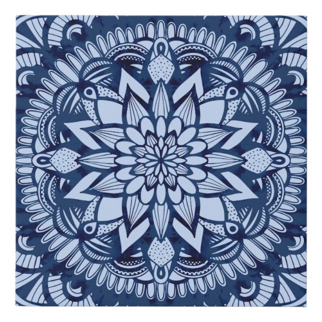 Bohemian Navy Blue Tie Dye Mandala Faux Canvas Print (Front)