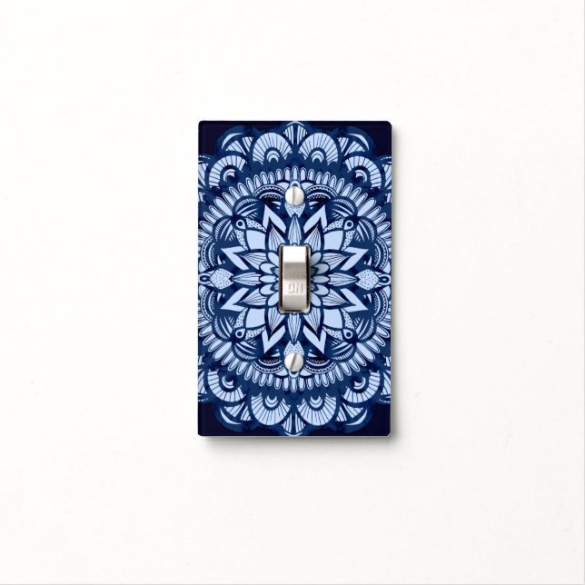 Bohemian Navy Blue Tie Dye Mandala Light Switch Cover (In Situ)