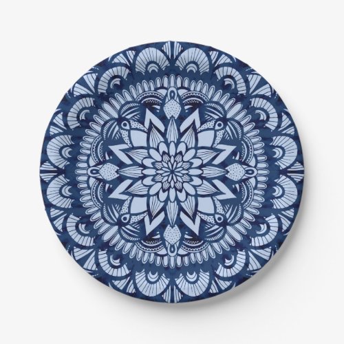 Bohemian Navy Blue Tie Dye Mandala Paper Plates