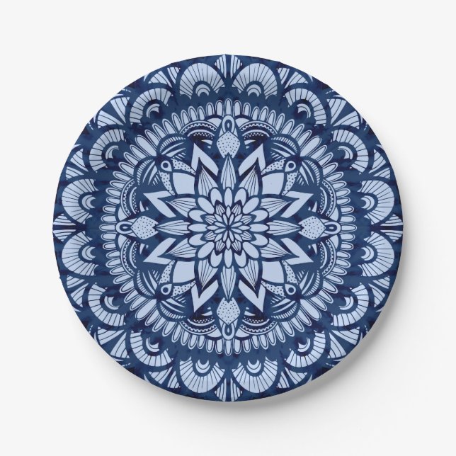 Bohemian Navy Blue Tie Dye Mandala Paper Plates (Front)