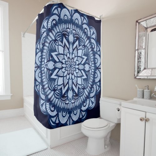 Bohemian Navy Blue Tie Dye Mandala Shower Curtain