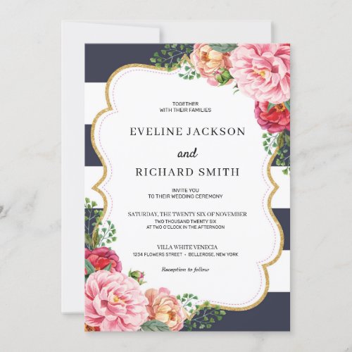 Bohemian navy blush pink floral peonies wedding invitation