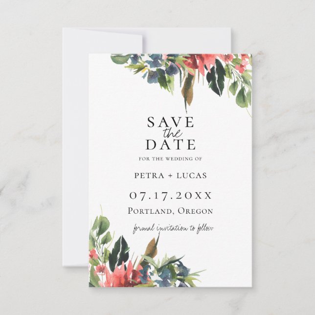 Bohemian Navy Coral Floral Save The Date Announcement (Front)