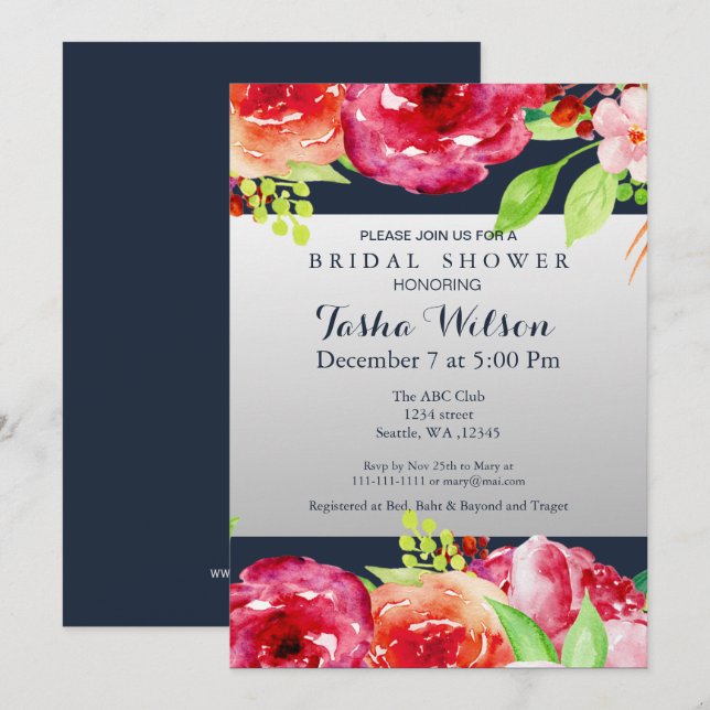 bohemian navy silver floral modern Shower Invite (Front/Back)