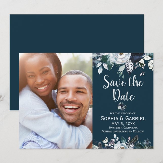 Bohemian Navy White Floral Wedding Save the Date (Front/Back)