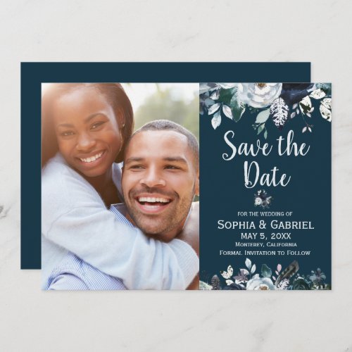 Bohemian Navy White Floral Wedding Save the Date