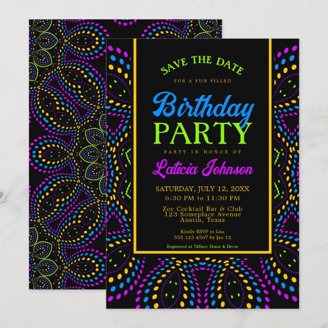 Bohemian Neon Nights Birthday Party Invitation (Front/Back)