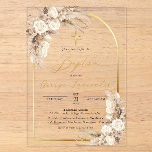 Bohemian Neutral Pampas Grass Baptism Christening Acrylic Invitations