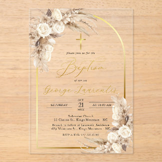 Bohemian Neutral Pampas Grass Baptism Christening  Acrylic Invitations