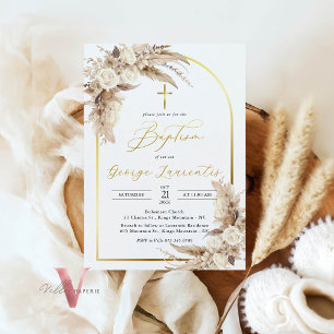 Bohemian Neutral Pampas Grass Baptism Christening Invitation