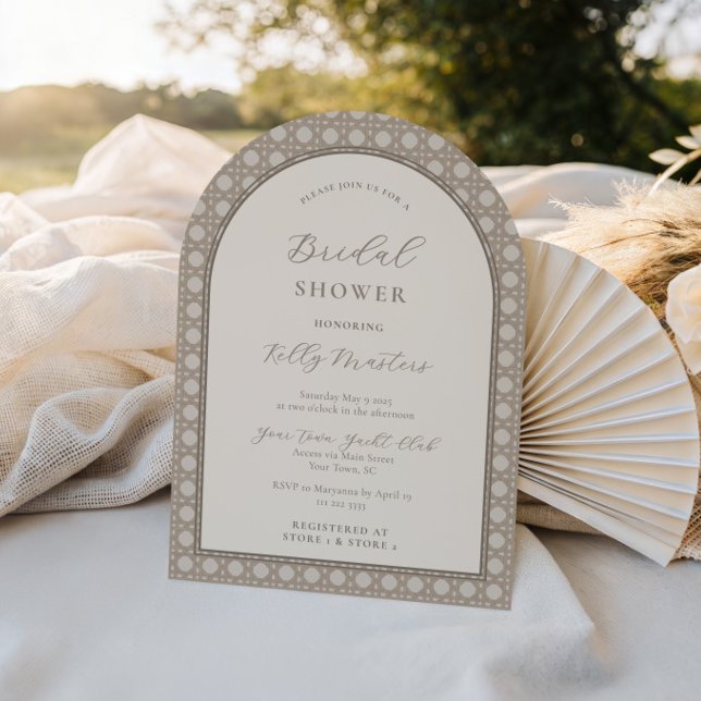 Bohemian Neutral Woven Bamboo Bridal Shower Invitation (Trendy rattan cane bamboo print bridal shower invitation with arch detail)