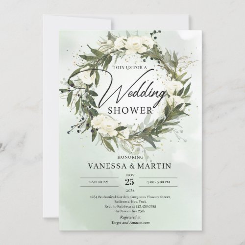 Bohemian Olive wreath greenery white roses floral Invitation