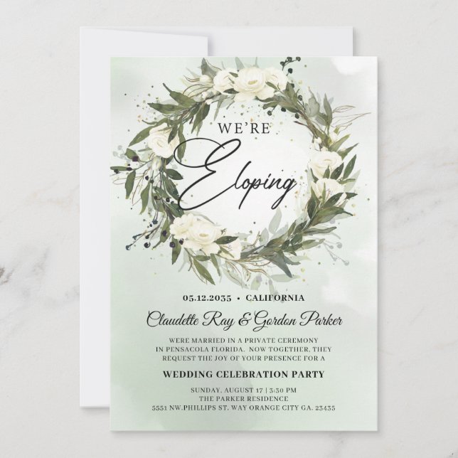 Bohemian Olive wreath white roses elopement Invitation (Front)