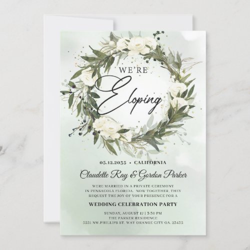 Bohemian Olive wreath white roses elopement Invitation