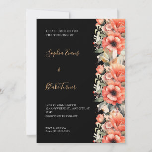 Bohemian Orange Floral Fall Black Wedding Invitation