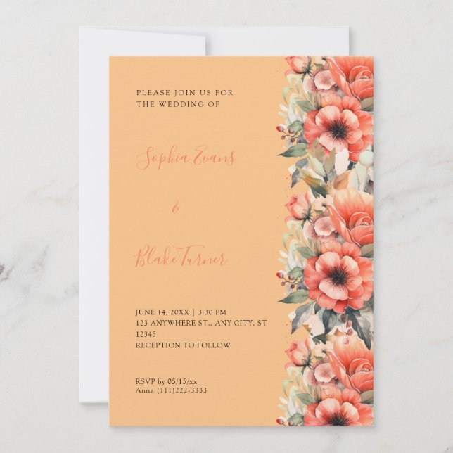Bohemian Orange Floral Fall Orange Wedding Invitation (Front)