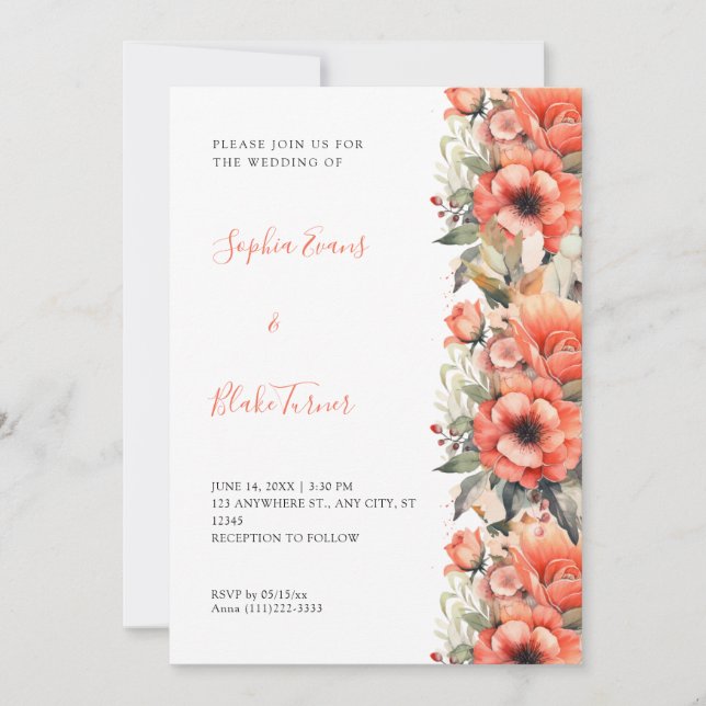 Bohemian Orange Floral Fall White Wedding Invitation (Front)