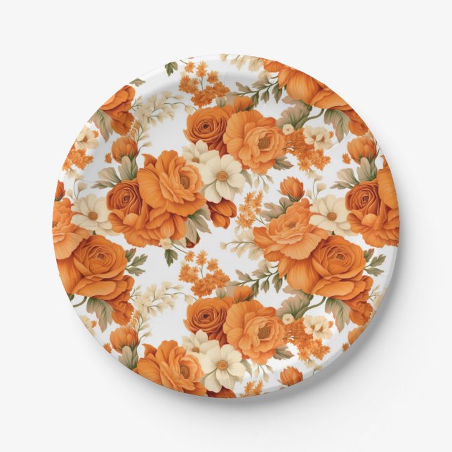 Bohemian orange flowers paper plates (Front)