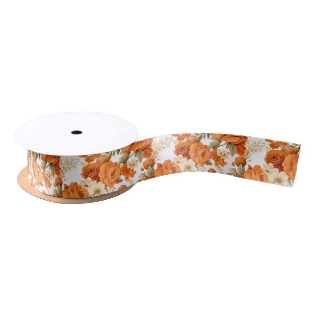 Bohemian orange flowers satin ribbon (Spool)