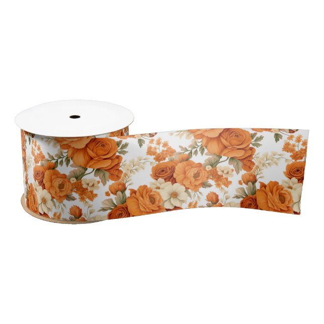 Bohemian orange flowers satin ribbon (Spool)