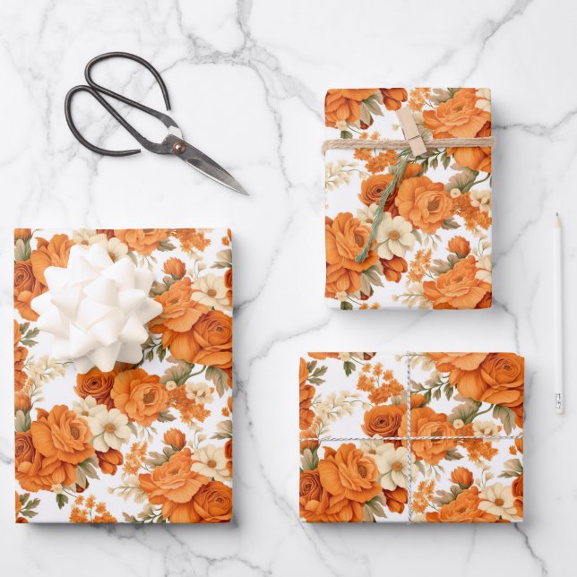 Bohemian orange flowers wrapping paper sheets (Front)